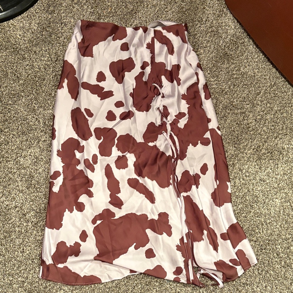 ASOS Asymmetrical Satin Skirt in White and Brown Cow Print